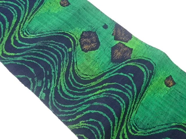 手織り真綿紬曲線に抽象模様織出し名古屋帯